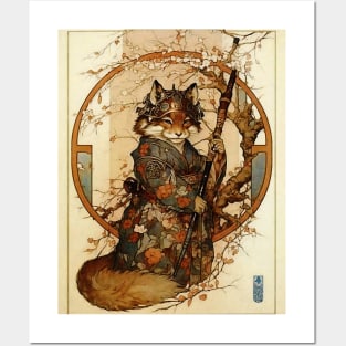 Vintage Art Nouveau Traditional Japanese Tanuki Samurai Posters and Art